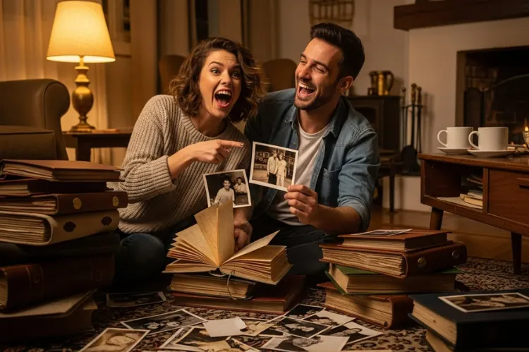 A couple surrounded by old photo albums and printed photos, laughing.