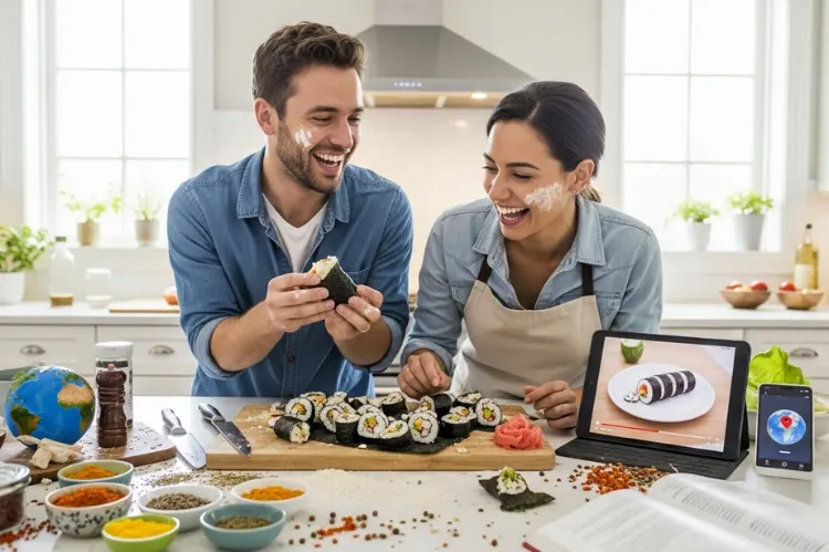 A couple attempting to cook traditional food from a random country.