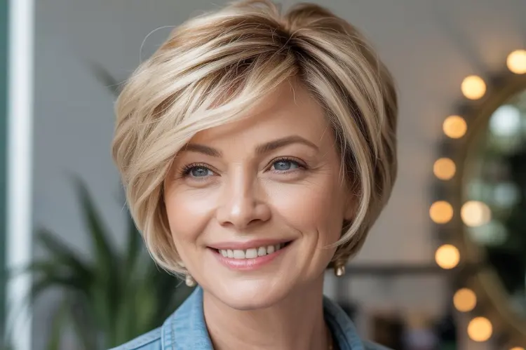 Soft pixie bob for women over 50, lifted crown, flattering layers.