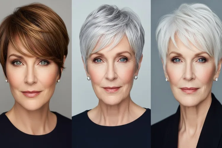 A multi-portrait collage showing elegant women ages 50, 60, 65+ with different pixie styles. Clean minimal editorial layout.