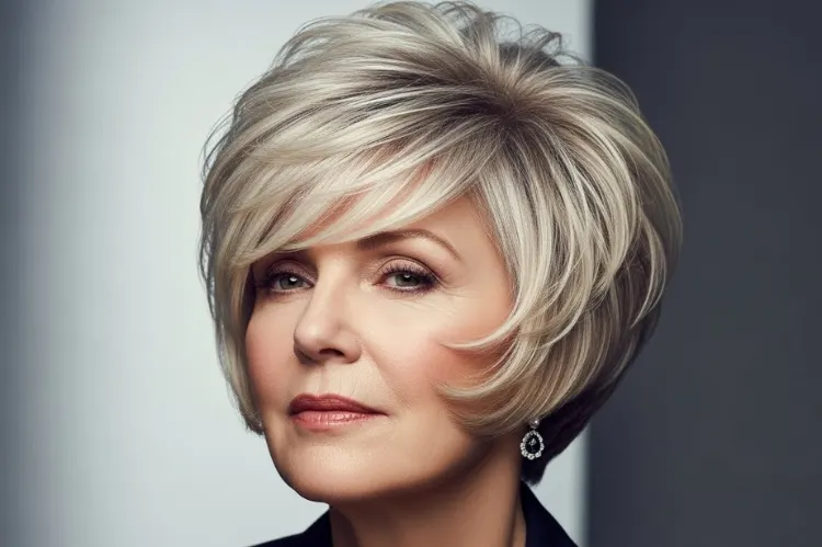 A confident older woman with thick, voluminous hair styled into a structured pixie.