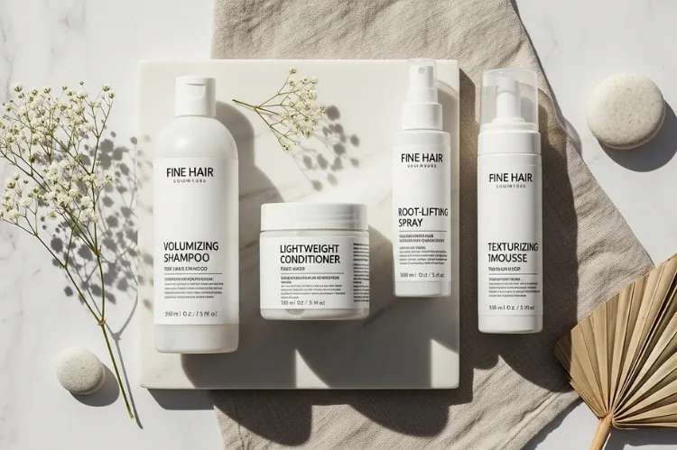 A clean beauty setup with labeled hair products for fine hair .