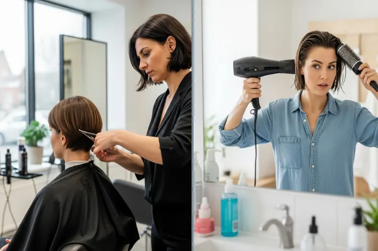 Woman receiving professional pixie bob trim vs styling at home.