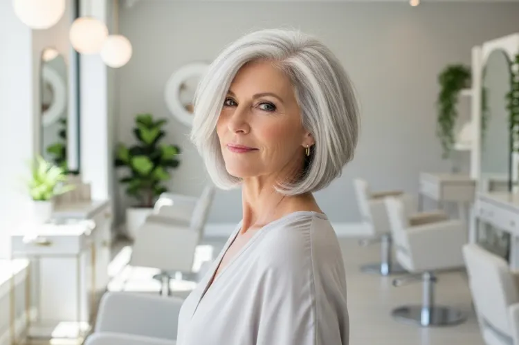 Woman over 60 with a razor-textured bob.
