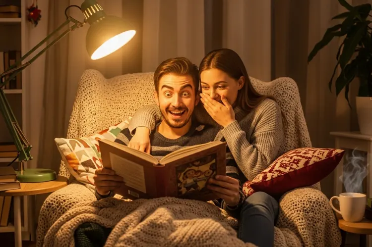 A cozy reading nook with blankets, a warm lamp, and a couple reading a book.