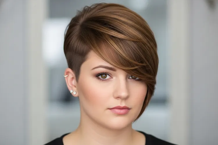 A woman with a round face wearing a long asymmetrical pixie cut.