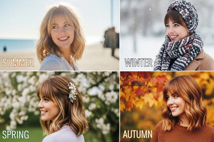 Four mini-scenes in one composition showing how the same woman styles.