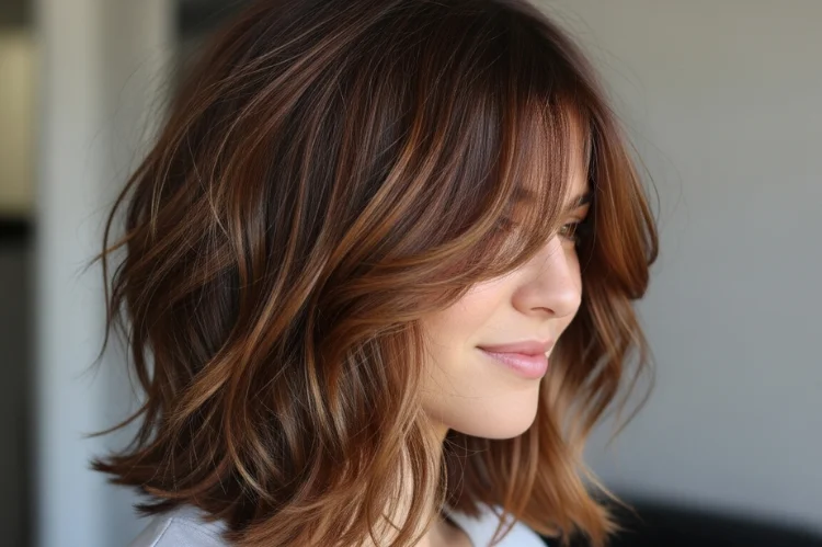 Shaggy long bob with balanced shoulder-length layers.