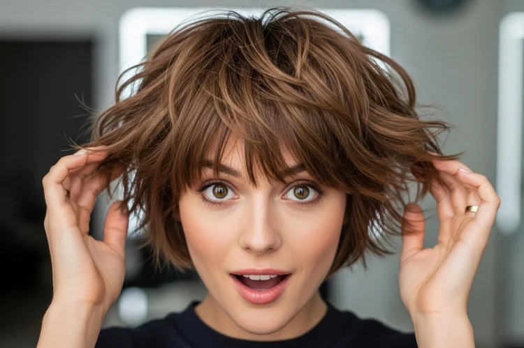 Short shaggy pixie with textured layers and soft edges.