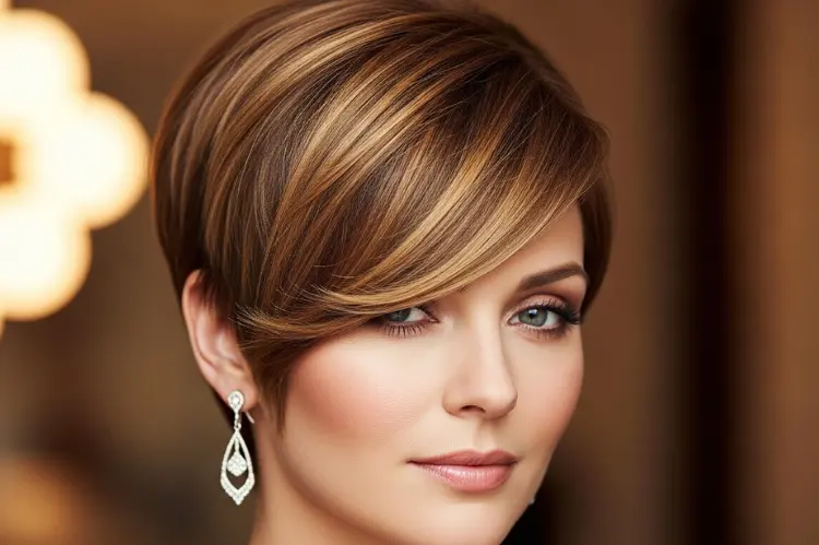 Side-swept pixie bob with long fringe draped across forehead, elegant and soft.
