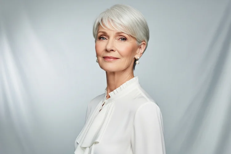 A stylish older woman with sleek silver hair in a short pixie cut.
