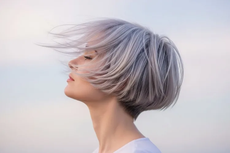 A graceful woman with feathered, wispy pixie hair blowing slightly in a soft breeze.