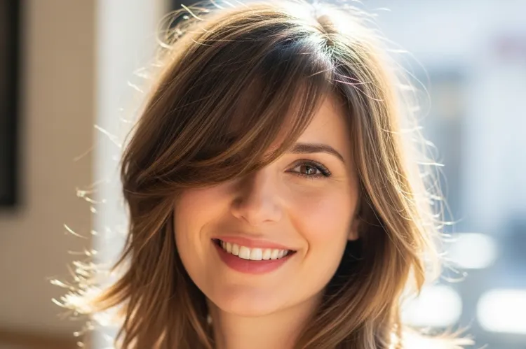 Smiling woman with soft layers and side-swept bangs brushing.