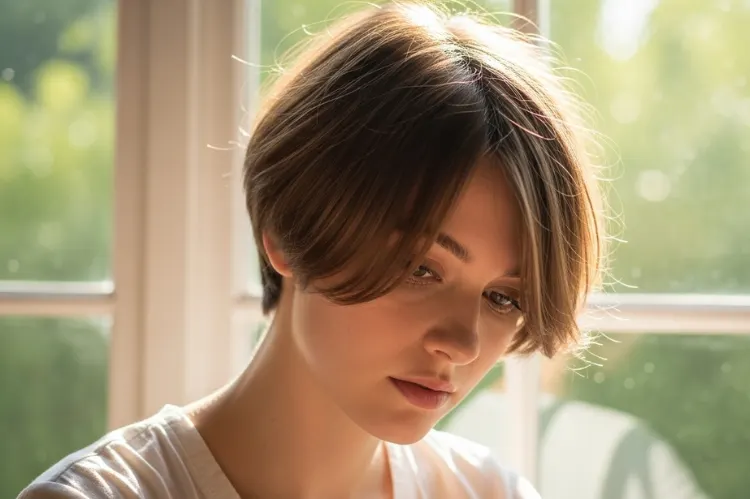 Petite woman with a short pixie and soft side fringe.