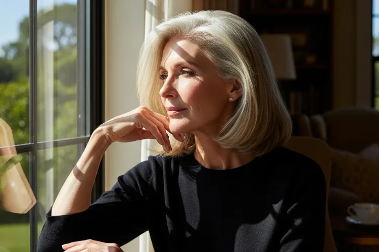A chic woman in her 60s with a long bob (lob) styled in soft waves.