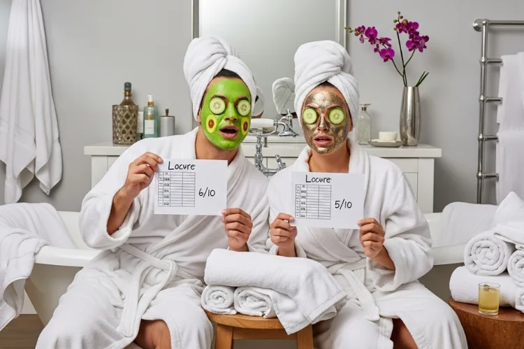 A home spa scene with mismatched face masks, cucumber slices, fluffy robes, and towels everywhere.