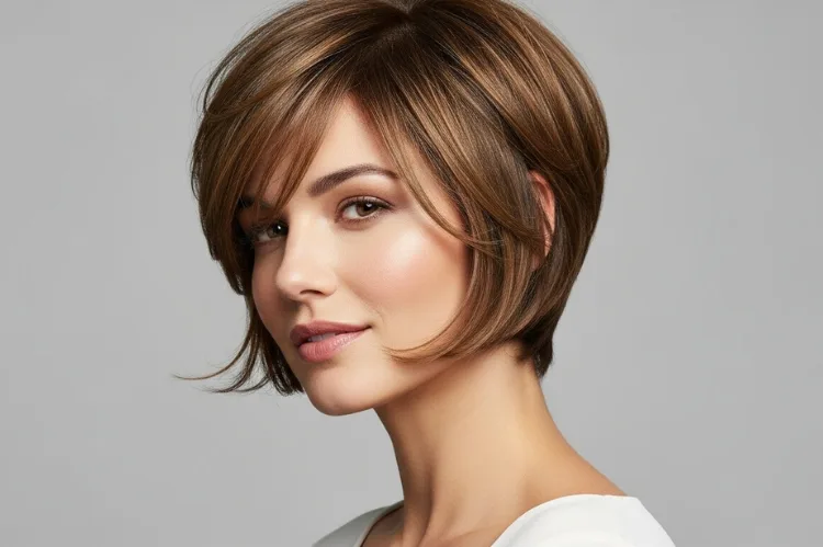 Woman with a square face wearing a short pixie bob haircut, soft wispy layers around jawline.
