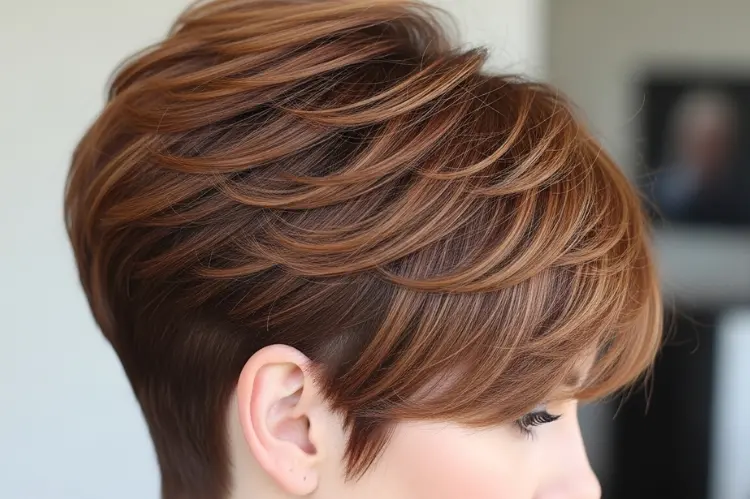 Stacked pixie bob with tapered nape and voluminous crown layers.