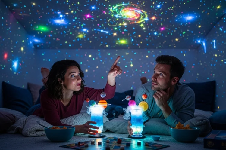 A dark, cozy room lit by a star projector casting colorful constellations.