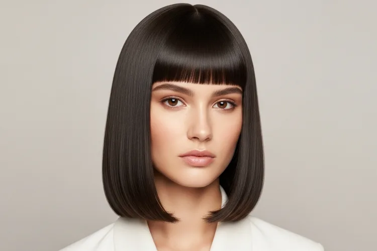 Shoulder-length straight hair with neat bangs and a silky, polished finish. 
