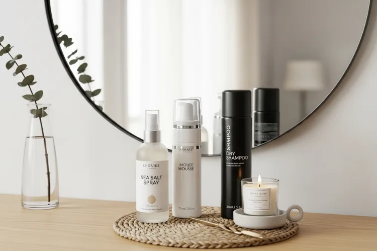 A vanity setup with simple hair products a sea salt spray.