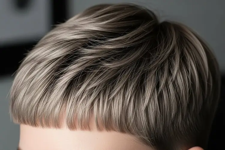 Very short pixie with soft textured top. Matte finish, soft directional lighting, precise details.