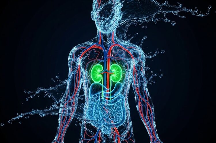 human silhouette filled with flowing water, highlighting kidneys, skin, and circulation.