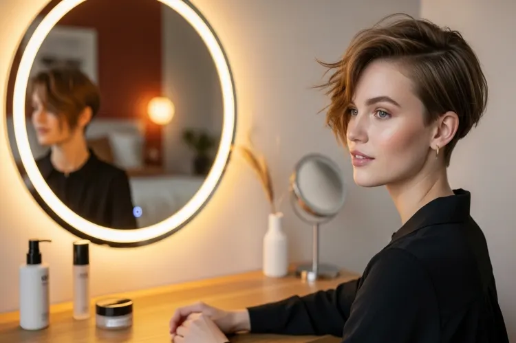 Woman with short sides and a longer, tousled top pixie.