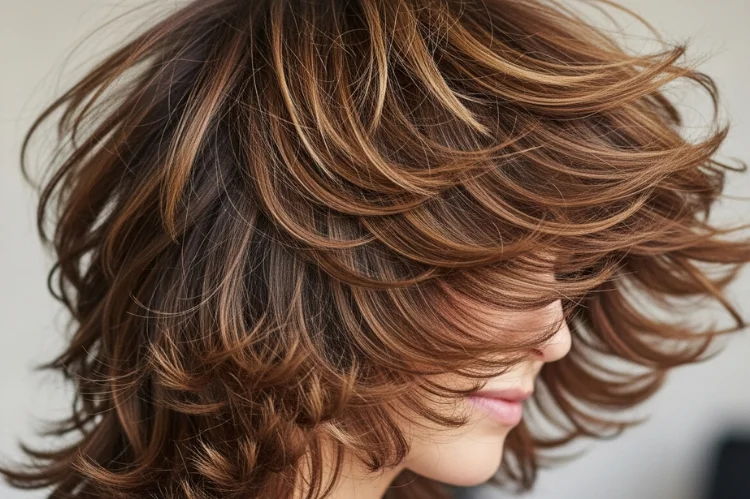 Textured shag for thick hair with heavy debulking and movement.