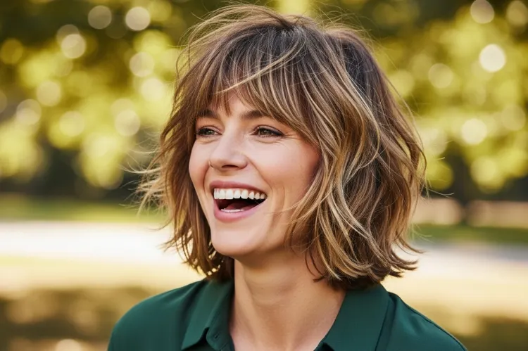 A confident woman with a short-to-medium shag haircut.