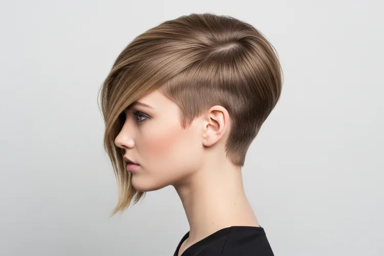 A woman with an asymmetrical pixie bob—one side longer.