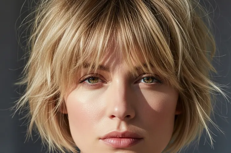 A woman with a choppy pixie cut featuring textured layers, light bangs.