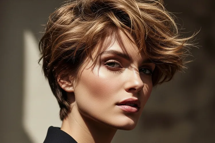 A woman with tousled choppy pixie haircut — lively, modern.