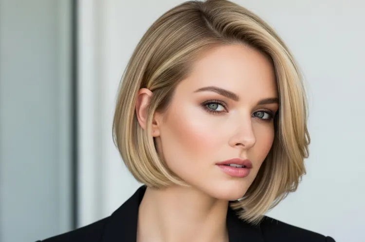 A polished woman with fine hair wearing a classic pixie bob that hits at the jawline.