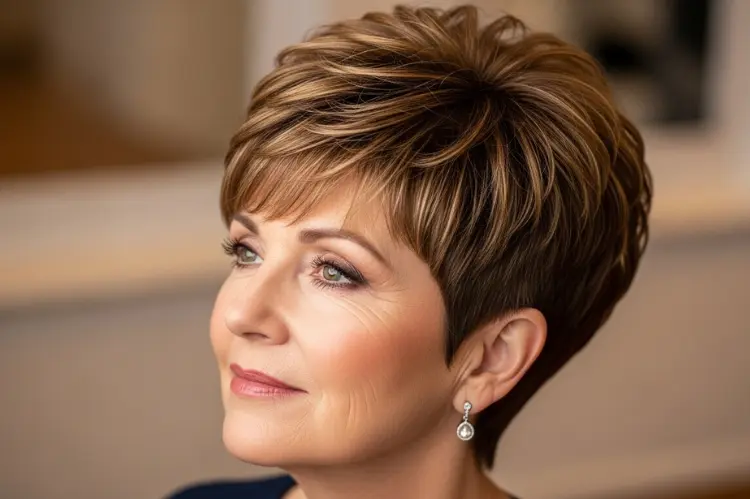 A pixie cut with enhanced crown volume.