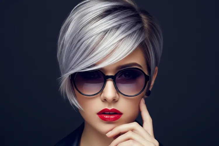 A woman with a short edgy pixie cut featuring bold highlights.