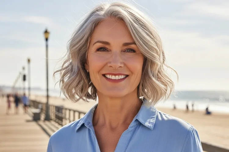 Gray-haired woman in her early 60s with a beachy wavy bob.