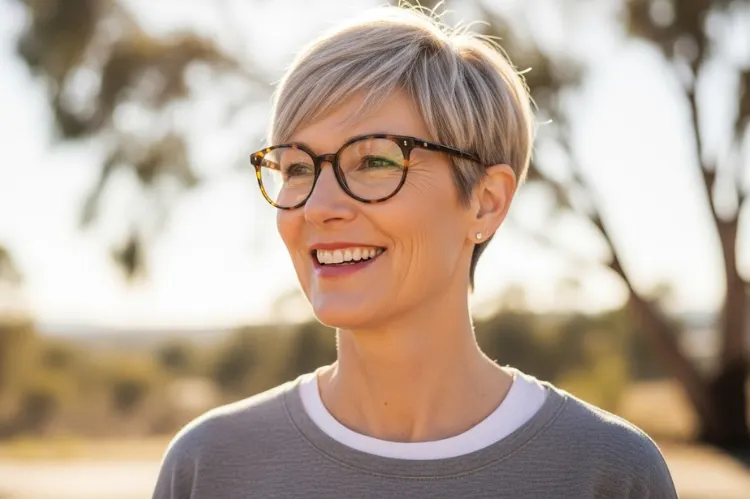 Confident woman in her 60s with a super-short.