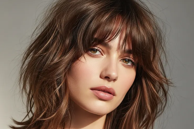 A modern medium-length shag haircut with choppy layers and soft, wispy bangs.