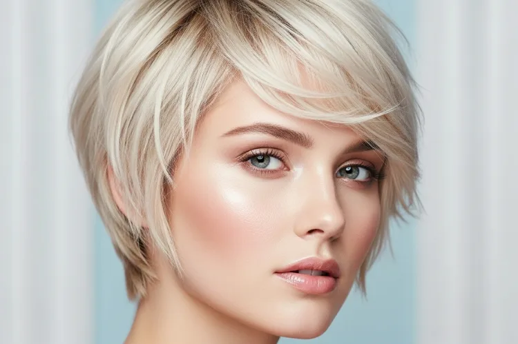 A woman with a feminine pixie cut featuring soft wispy layers.