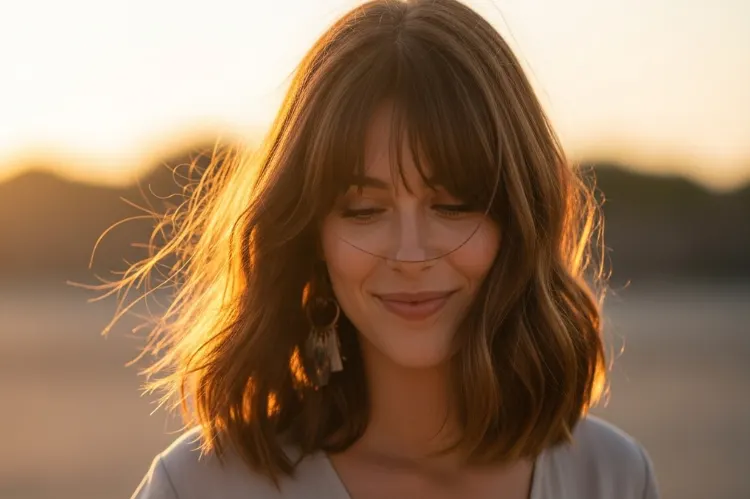 Woman with flowing mid-length layers that move naturally.