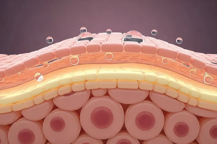 skin cells regenerating, visualized as glowing layers with water droplets.