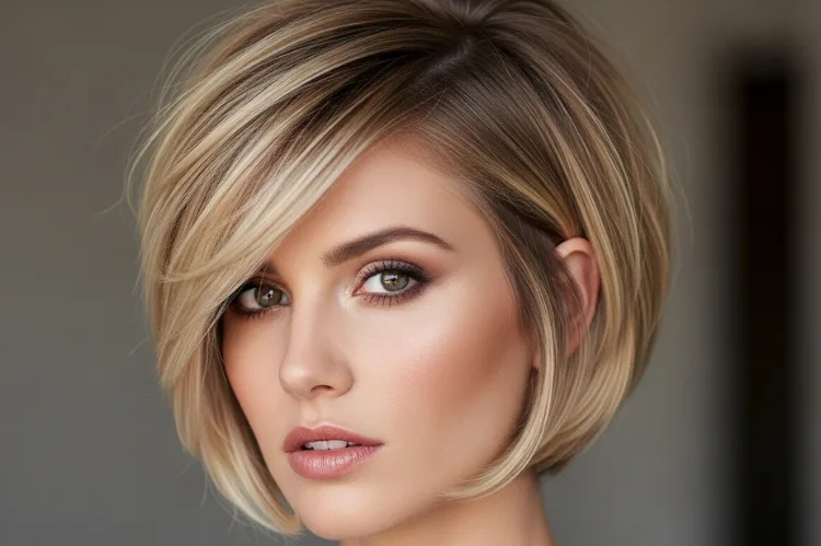 A woman with a long pixie haircut blending seamlessly into short bob length.