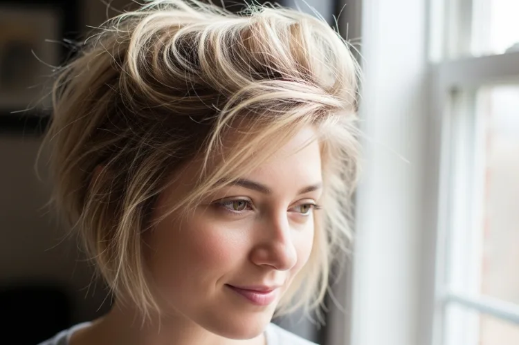 A woman with a messy, bedhead-style pixie cut, full of playful texture.