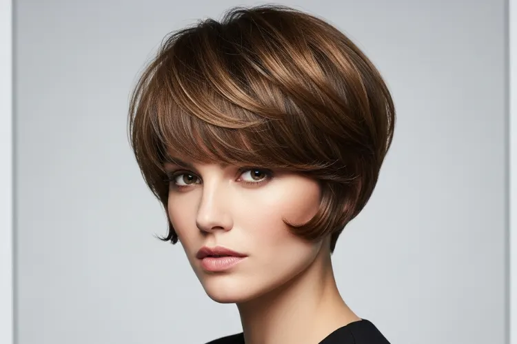 woman with a modern reinterpretation of a bowl-inspired pixie cut featuring soft edges.
