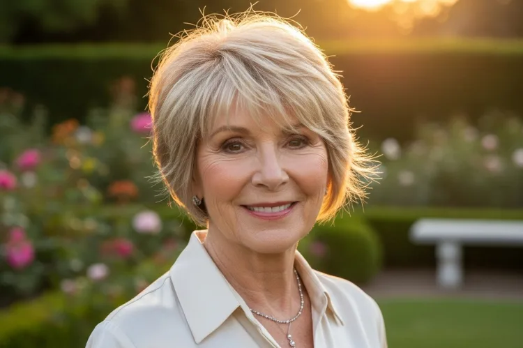 Elegant older woman with a feathered pixie haircut.