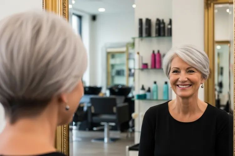 Silver-haired woman with a modern wedge cut.