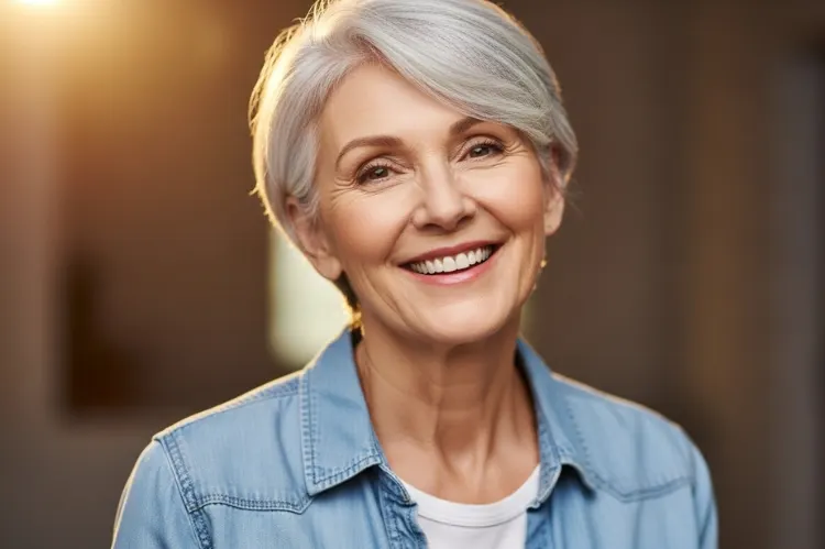 Older woman proudly wearing her natural gray pixie cut.