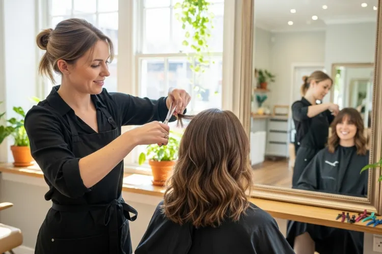 A hairstylist working on a woman’s medium-length haircut with soft bangs in a chic salon.