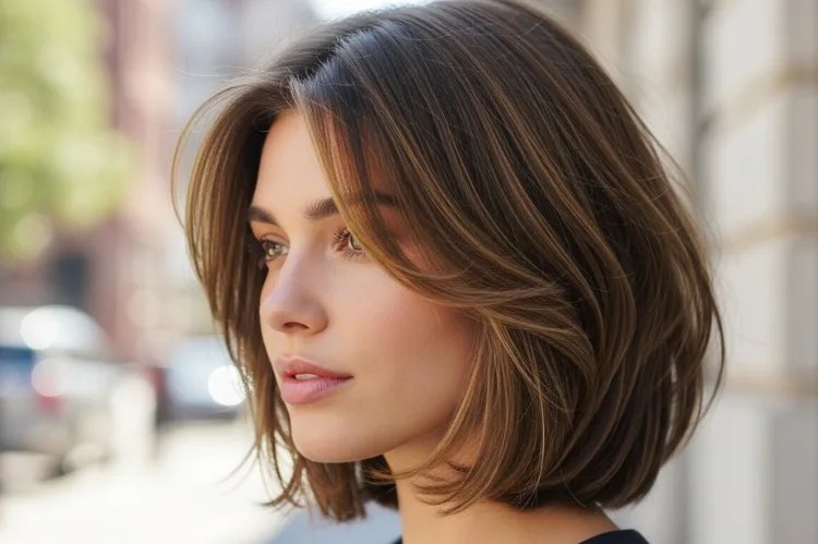 A modern shoulder-length shag with minimal crown layering.